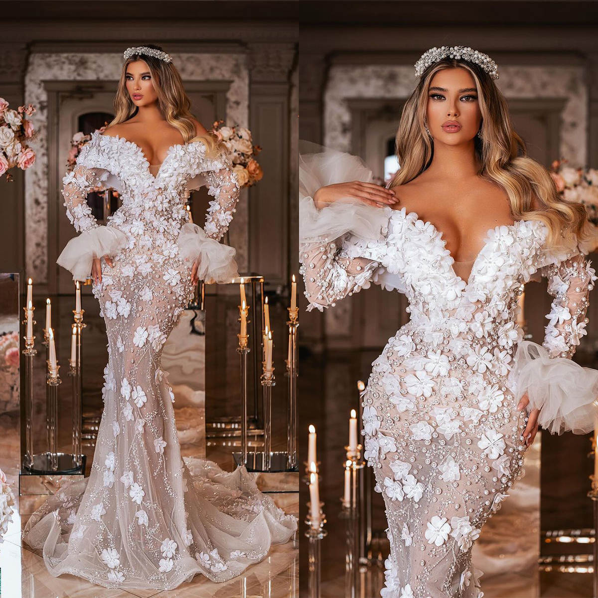 Arabic Pincess Mermaid Wedding Dress 3D Flowers Appliques Beading Off Shoulder Bride Dress Pearls Formal Long Sleeve Bridal Gowns