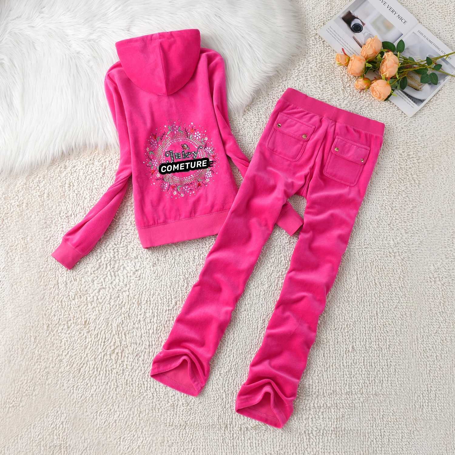 Women's Two Piece Pants 2025 New Juicy Cometure Velvet Tracksuit Embroidered Crystal Flower Pattern Hooded Sweatshirt Casual Sports Velvet Suit 2