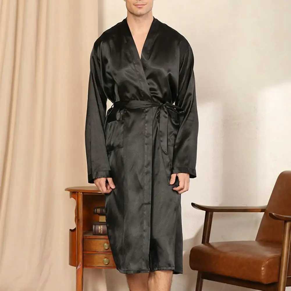 Men Bathrobe Long Nightgown Soft Silk Dressing Gown Bathrobe Lace Up Waist Belted Side Pockets Bathrobe Homewear Bath RobeXJ241018