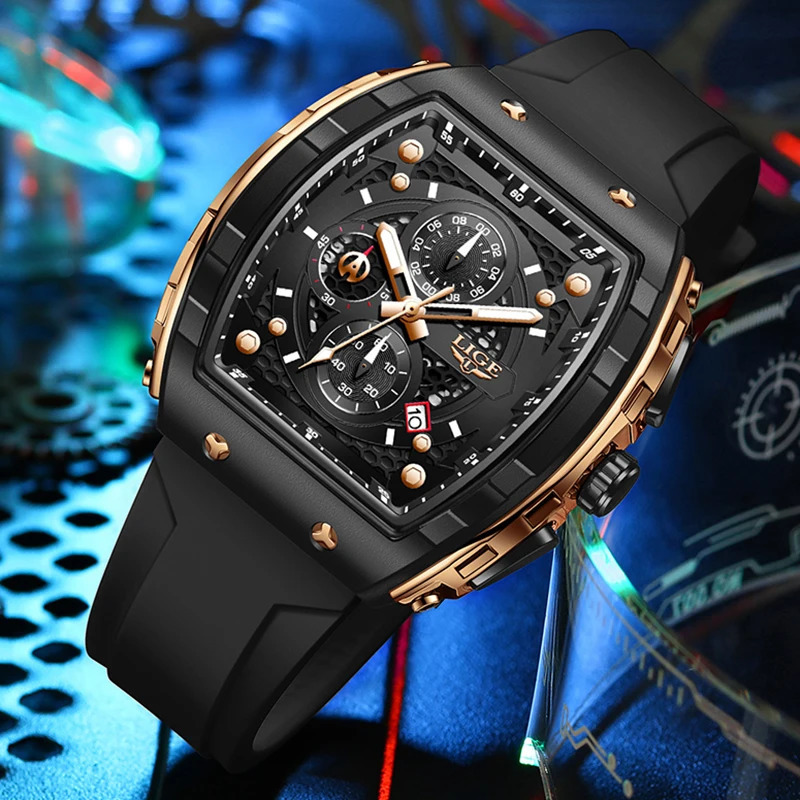 LIGE Top y Mens Watch Fashion Square Waterproof Quartz Military Sports Timing Montre Homme 241009