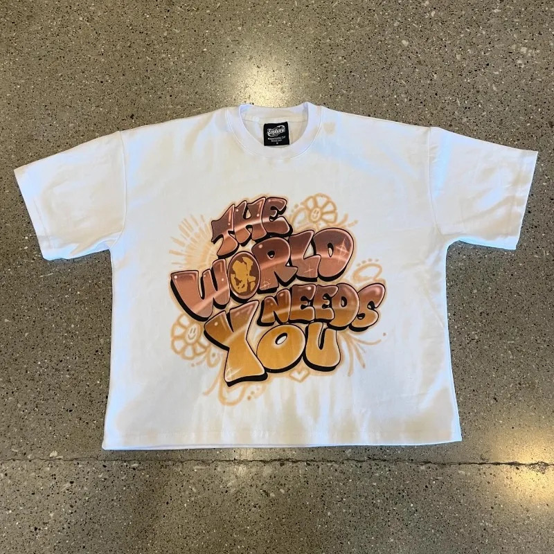 European and American cotton retro printed short sleeved oversized T-shirt for women loose fitting couple fashion High Street Y2k top 241019