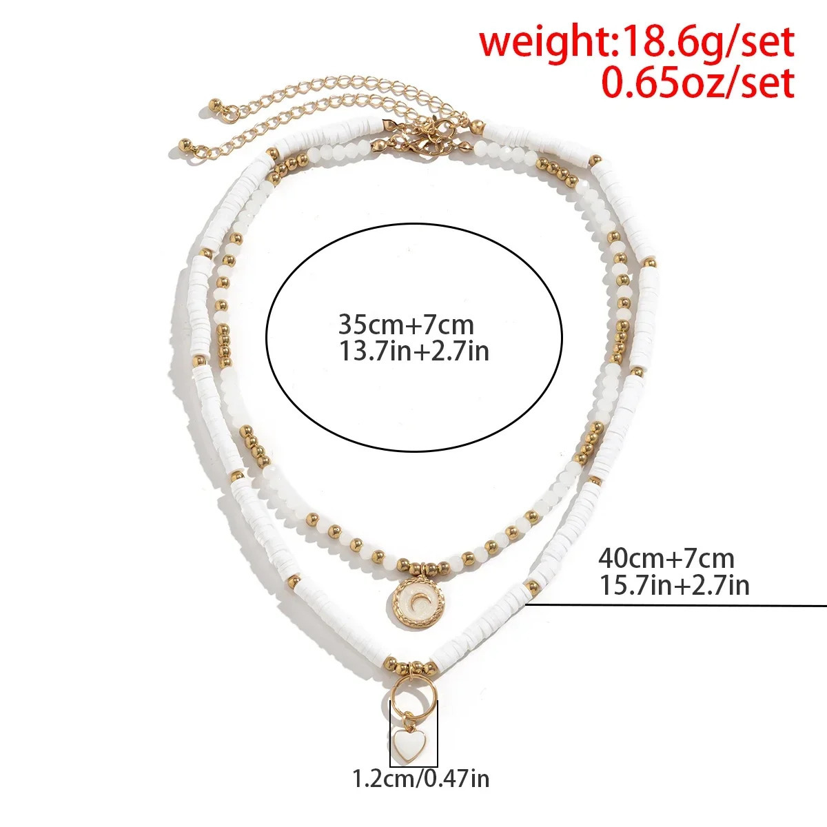 Bohemian Heart Pendant Crystal Bead Glass Bead Necklace White Flat Polymer Clay Bead Necklace Vintage Jewelry 241018 ww
