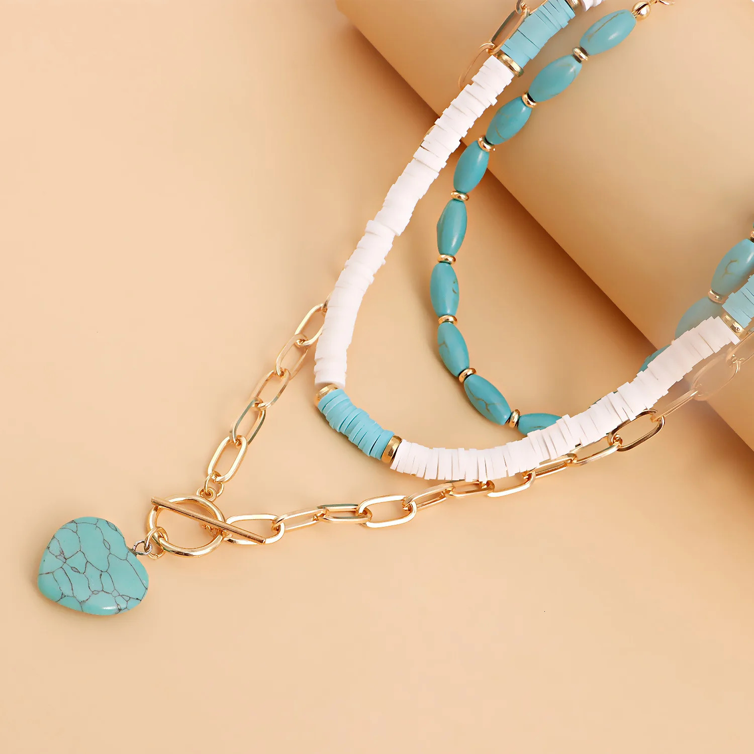 Renya Ethnic Calais Stone Necklace Heart shaped Stone Pendant Necklace Polymer Clay Bead Layered Necklace 241018