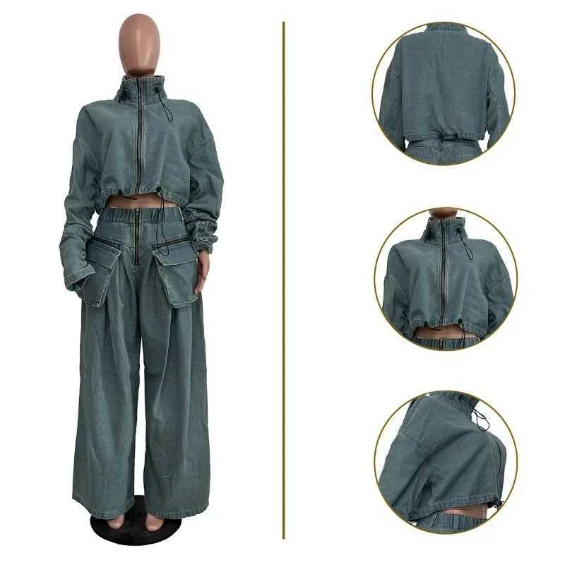Women's Two Piece Pants Casual loose denim two-piece set womens 2023 autumn zipper high neck crop top elastic waist wide leg cargo pants Y241019N