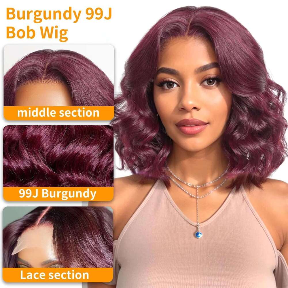 Bob Wig x Human Hair J Burgundy Loose Wave Lace Front Wigs Density Glueless Inch s