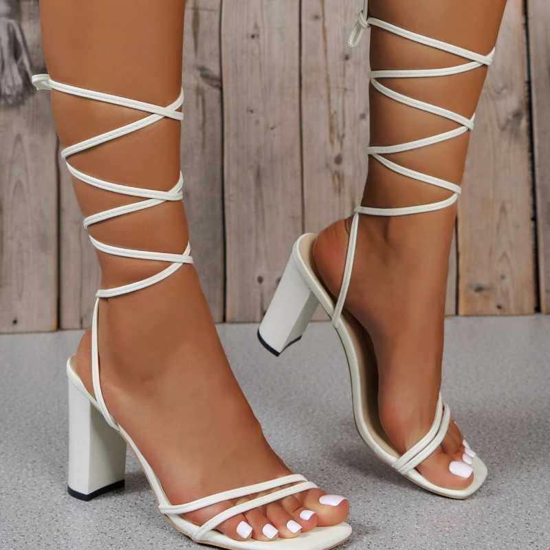 New Summer Elegant Shoulder Straps Solid Color Square High Heels Open Lace Fashion Sexy Table Tennis Womens Shoes Y241019