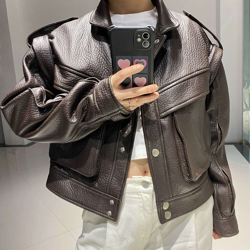 Yoloagain Women's High Quality Real Oversized Dark Brown Grain Leather Jacket