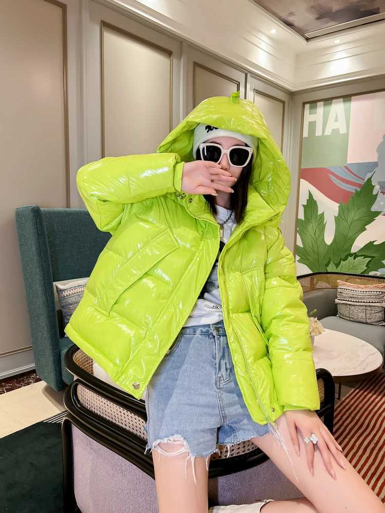 Women's Down Parkas Candy Colors Hooded glossy cotton padded jacket for women short and warm Parkas 2023 winter casual long slip cotton jacket Y2