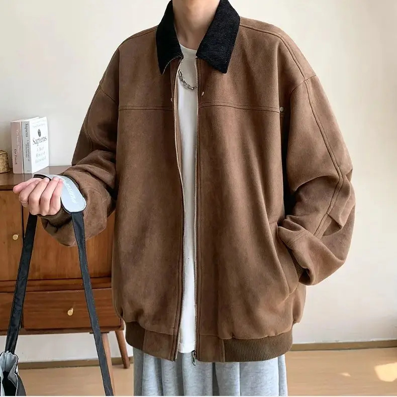 Corduroy solid color patchwork retro suede jacket for mens autumn and winter with pocket lapel and zipper loose jacket warm and soft 241007