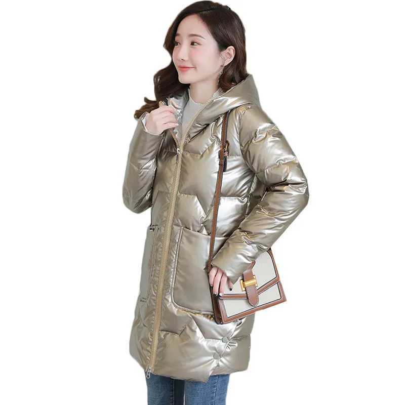 Womens Thick Warm Down Cotton Jacket 2021 New Winter Coat Female Parker Glossy Cotton Padded Jackets Mid Long Hooded OuterwearX241019
