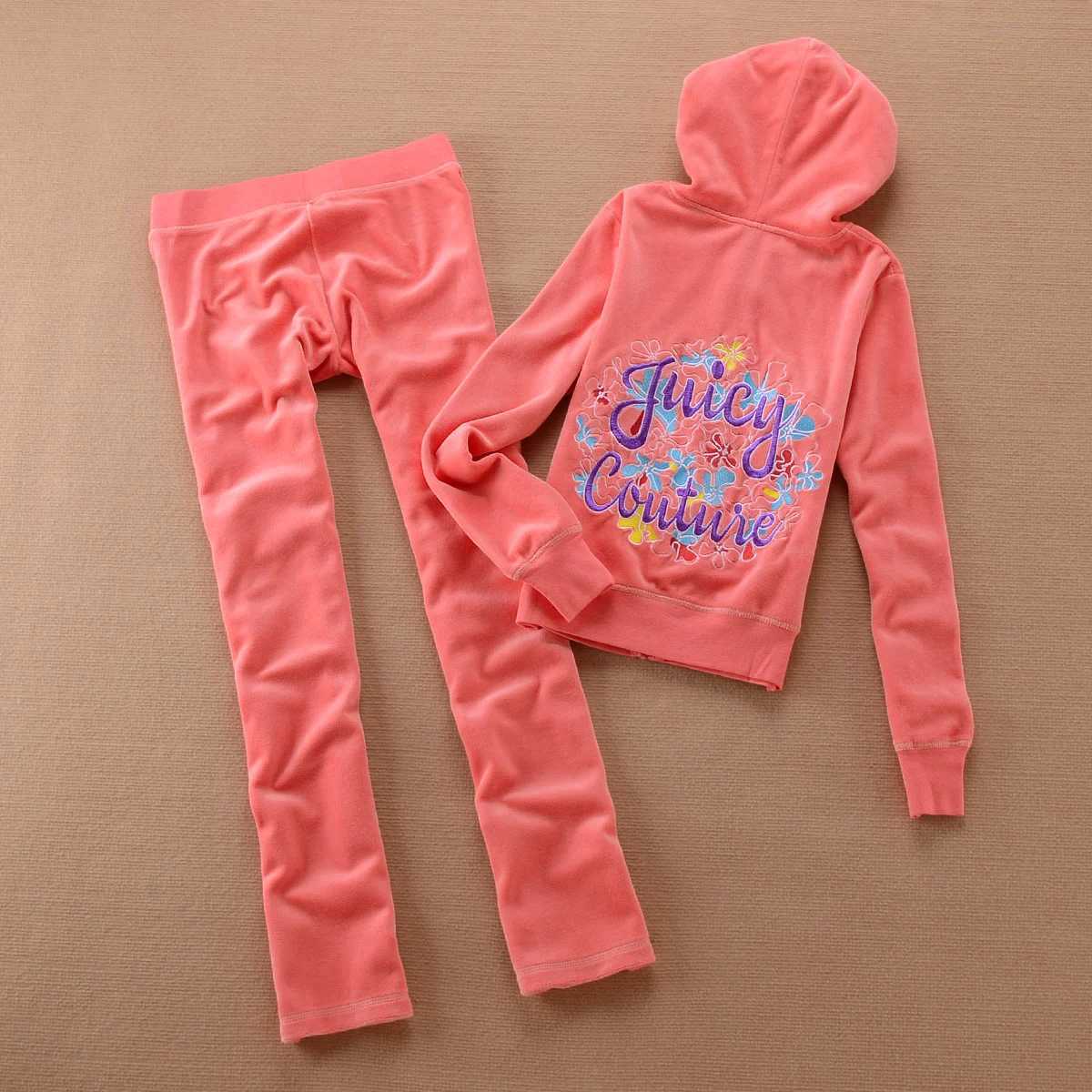 Women's Two Piece Pants Juicy Cometure Velvet Tracksuit Suit Sweatshirt Embroidered Flower Crystal Zipper Top + Casual Sports Straight Pants Y241