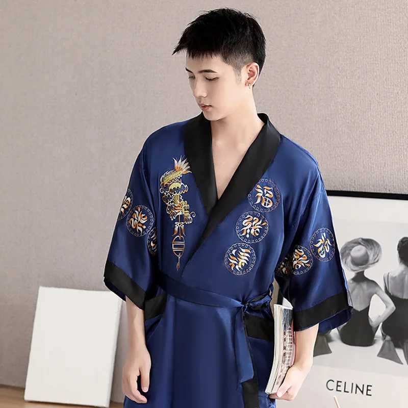 Chinese Style Satin Kimono Mens Lapel Mid Length Sleepwear New Spring Summer Bathrobe Nightwear Male Intimate Lingerie HomewearXJ241018