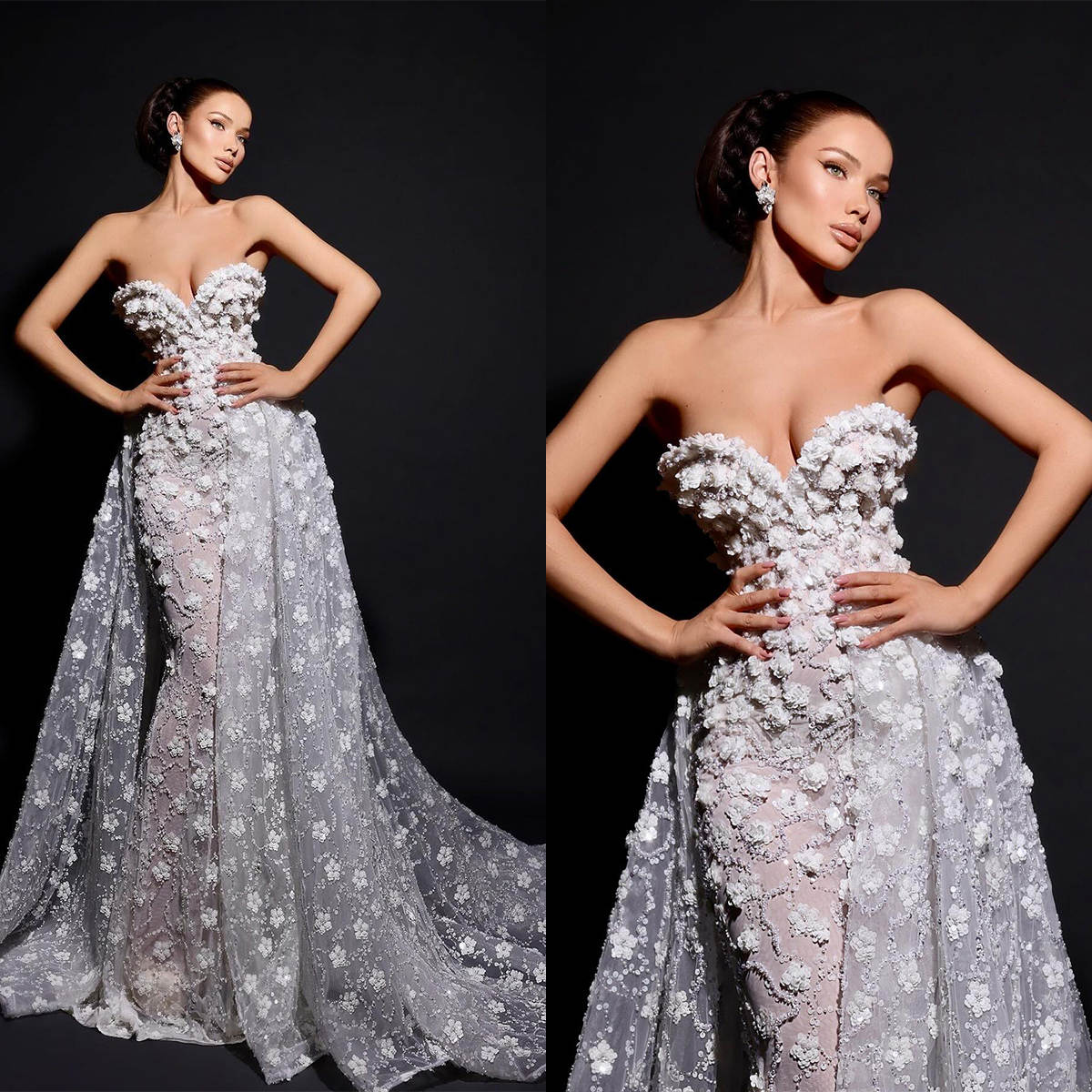 Princess Mermaid Wedding Dress With Detachable Train 3D Flowers Appliques Beading Sweetheart Neck Bride Dress Pearls Formal Bridal Gowns