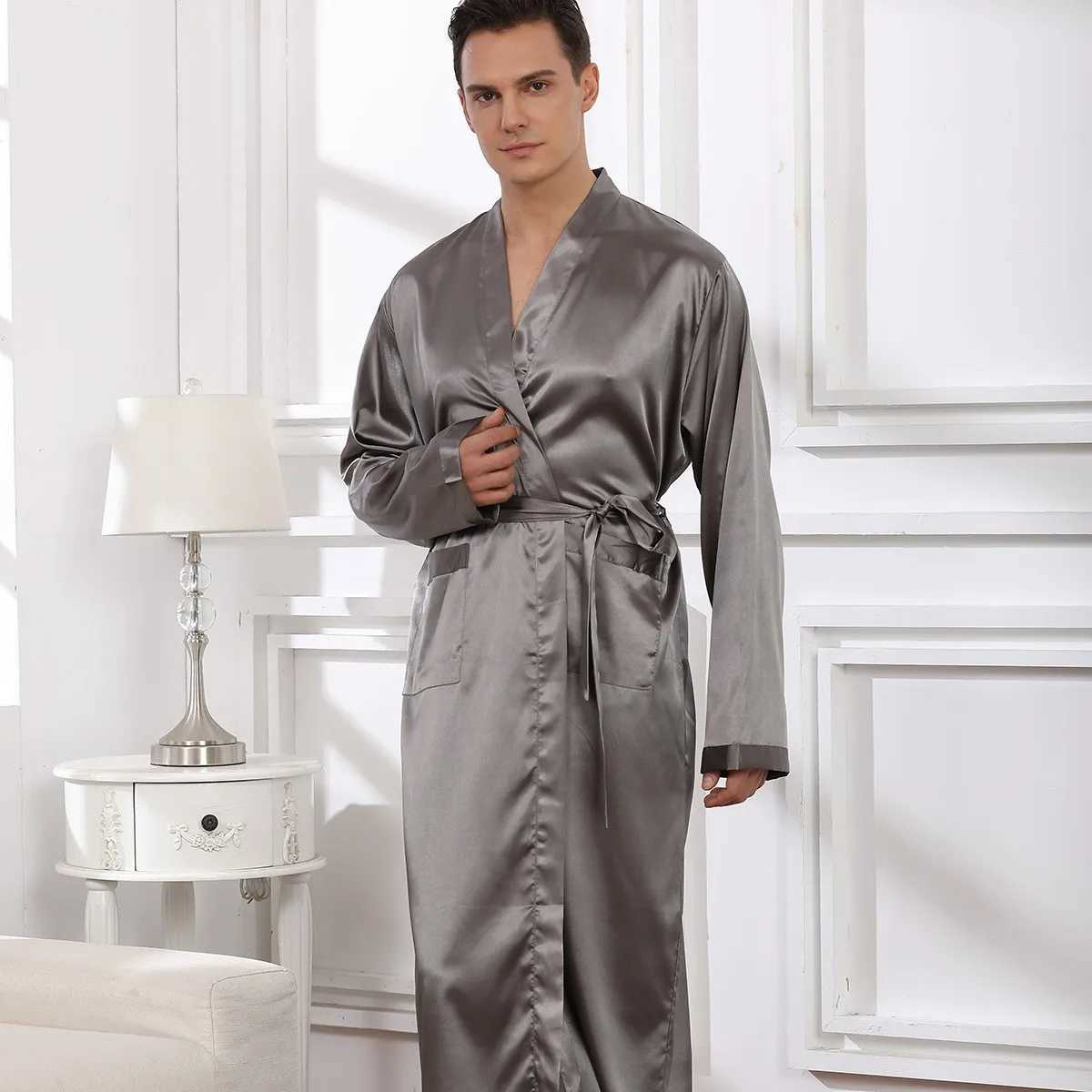 Loose Men Robe Sexy Male Summer New Sleepwear Bathrobe Satin V-Neck Kimono Bath Gown Long Casual Nightgown Intimate LingerieXJ241018