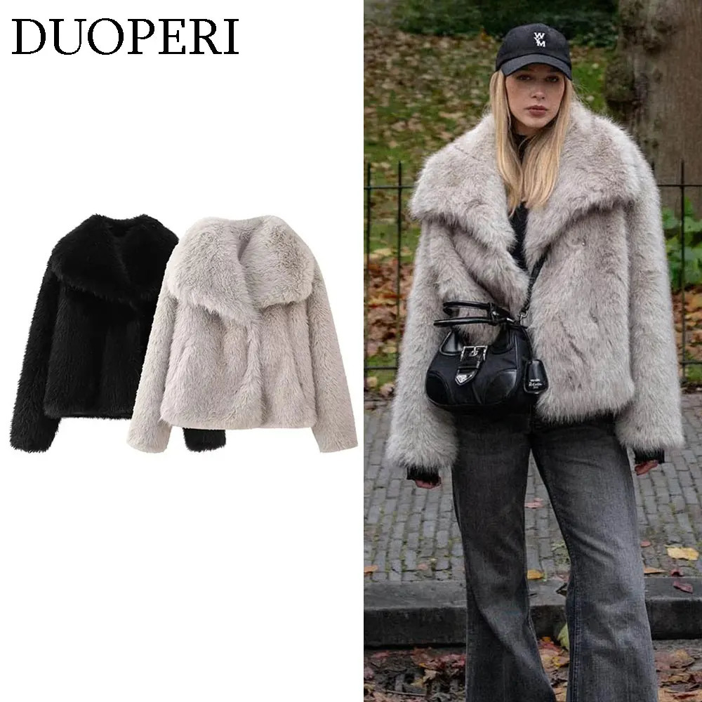 DUOPERI Womens Fashion Winter Solid Thick Warm Artificial Fur Coat Flip Collar Long Sleeve Womens Fashion Womens Casual Set 241018