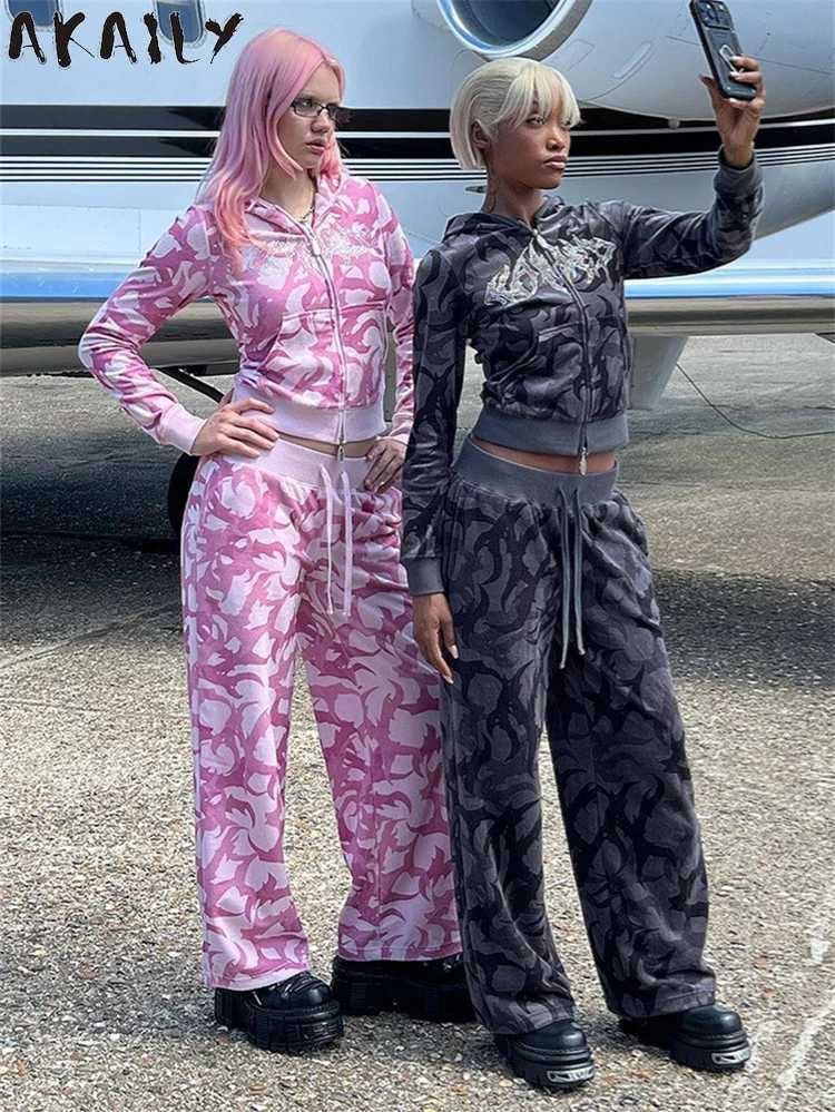 Women's Two Piece Pants Akaily Autumn rhinestone casual 2-piece womens track suit T-shirt 2024 Y2K hooded zipper top and sweatpants Y241019YQKN