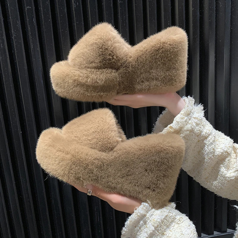 Womens solid color sliders casual slippers womens fur sliders womens high heels winter wedge modern sliders womens 241018
