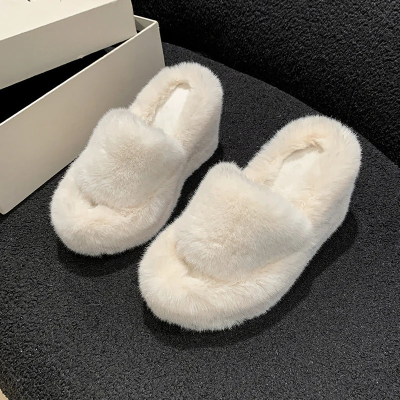 Womens solid color sliders casual slippers womens fur sliders womens high heels winter wedge modern sliders womens 241018