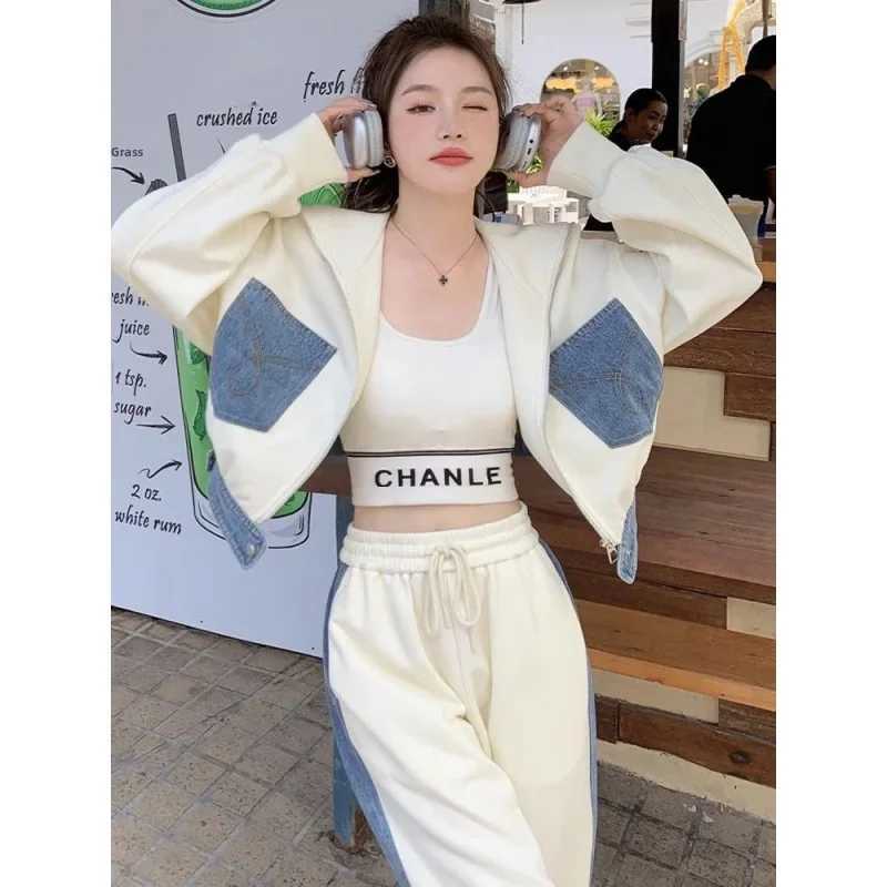 Womens Two Piece Pants Plus size womens denim patch work sweater 2piece set for spring and autumn weight loss color blocked cardigan wool sweater with