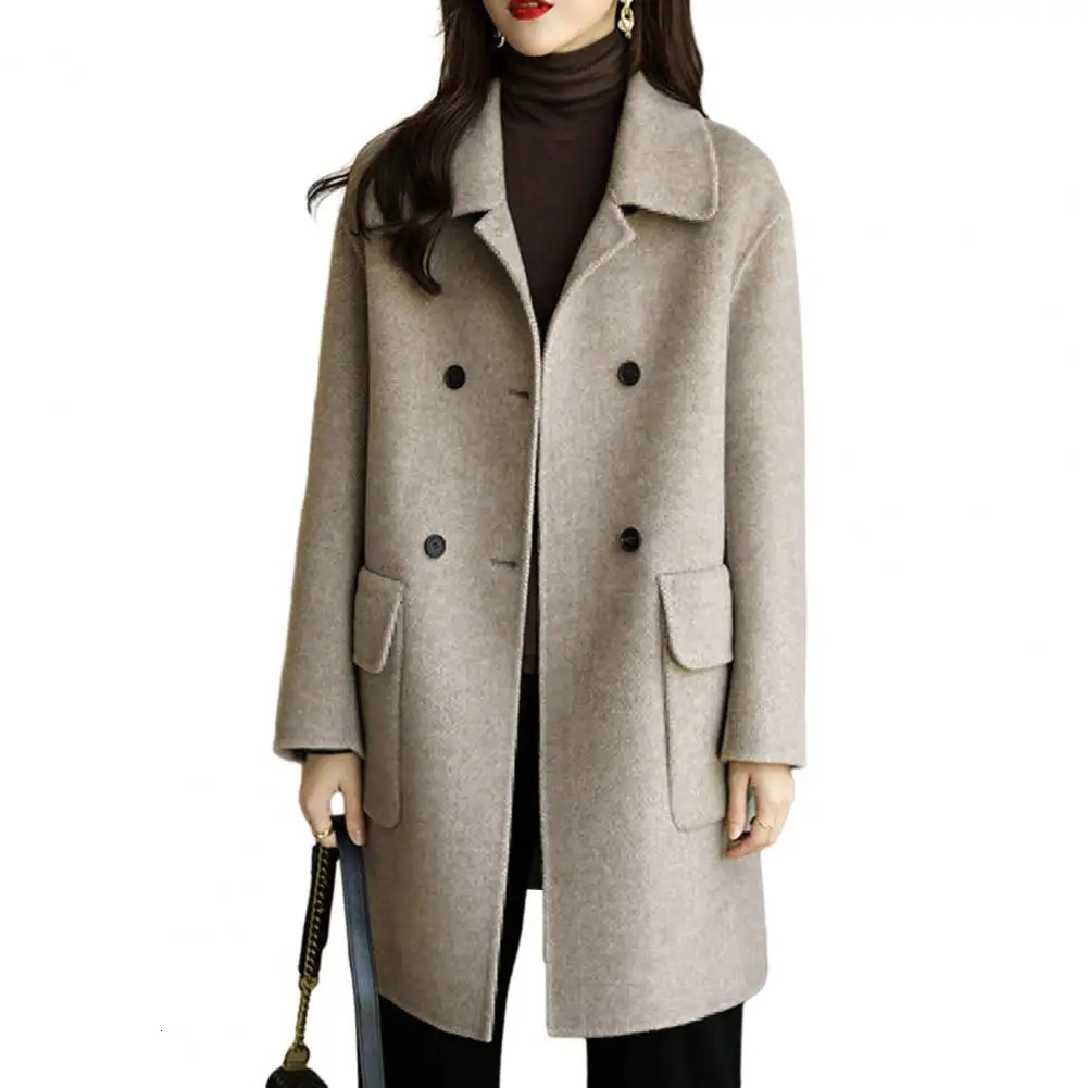 Autumn and winter womens wool coat with lapel double chest lapel pocket jacket solid color medium loose jacket 241019