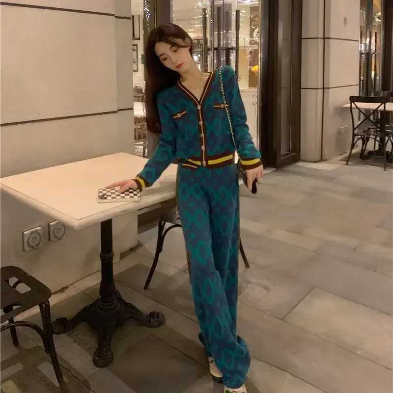 Women's Two Piece Pants Womens Trouser Knitted Printed Crochet Spring and Autumn Womens Pants Two Piece Set Sweater Wide Leg Party New Competitio