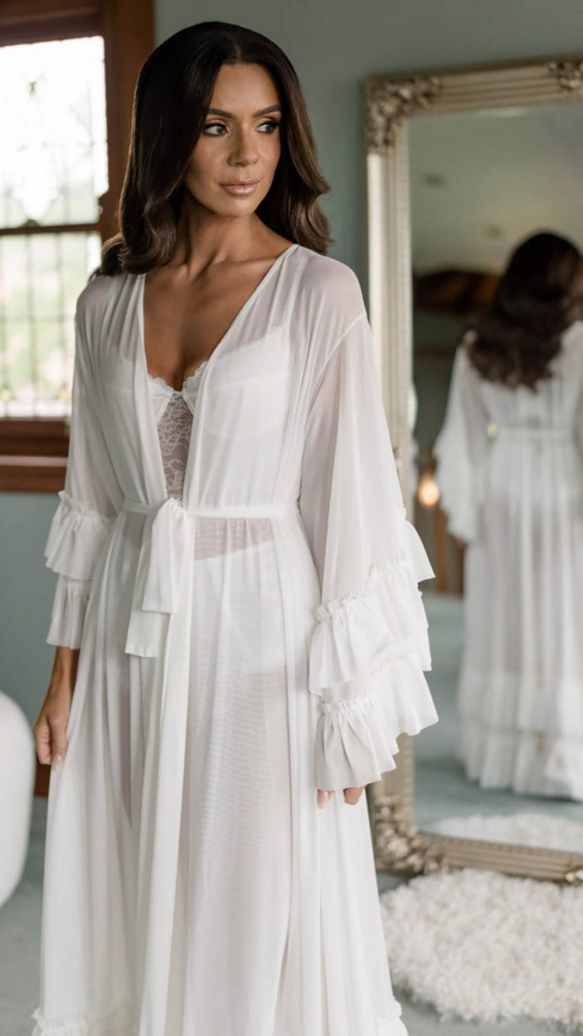 Illusion Evening Dress V Neck Long Sleeve Tiered Pregnant Party Split Tulle Women Bathrobe Ruffles Nightgown Pijama Custom Made