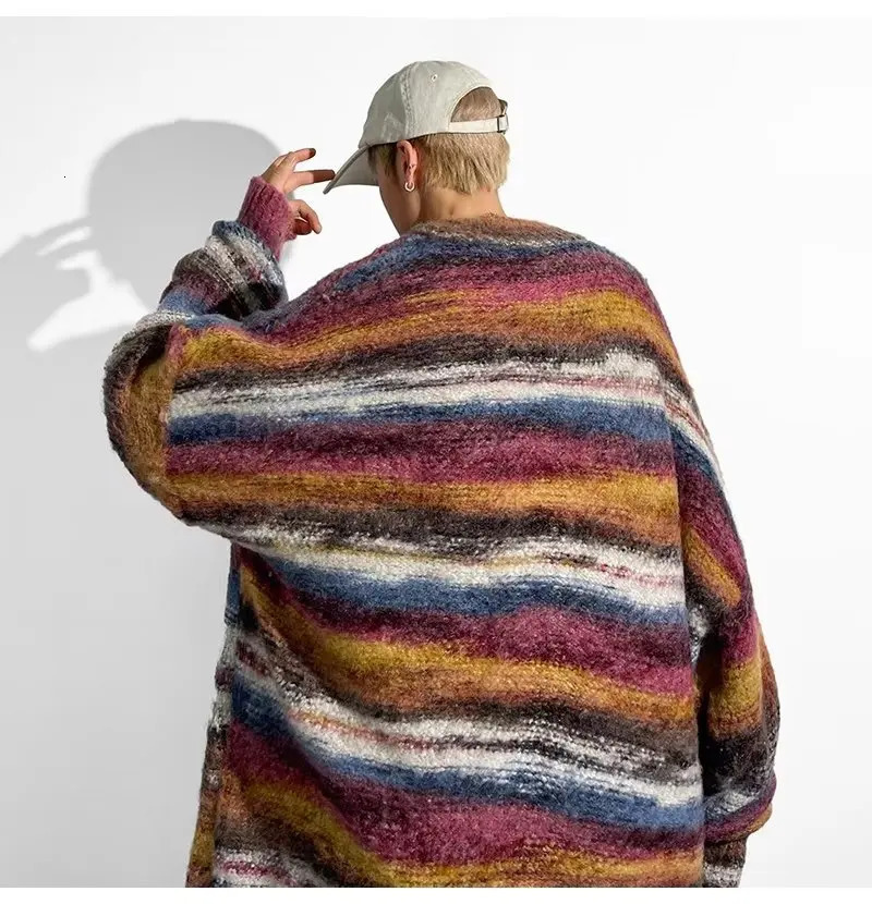 2024 Men Striped Sweater Casual Elastic Cardigan Harajuku Patchwork Knitted Warm Top Fashion Male Jumper Clothes 241009