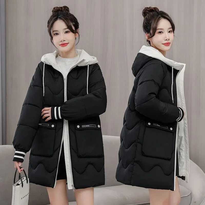 Winter Thicken Coat 2023 New Korean Female Splicing Loose Down Cotton Hooded Jacket Warm Long Parkas Casual Womens Basic CoatsX241019