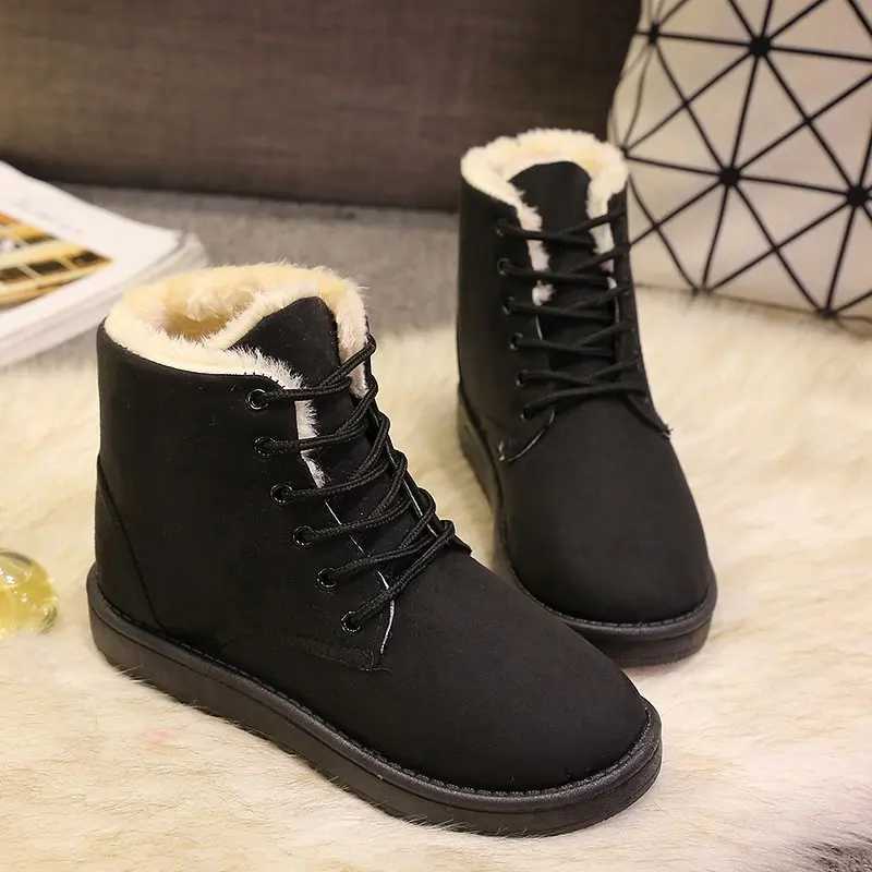 Womens winter snow boots warm flat plus size platform lace womens shoes new wool suede ankle boots 36-42 Y241019
