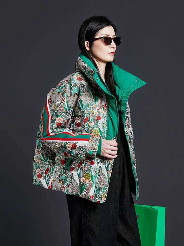 Women's Down Parkas 2023 Winter European Fashion Brand Color Splicing Printing High end Down Jacket Womens Thick White Duck Down Womens Short Coa