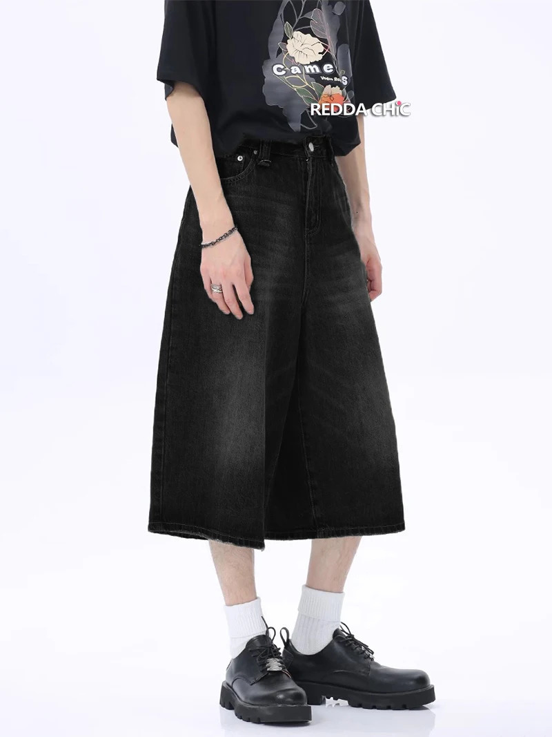 ReddaChic Acubi Fashion Brushed Baggy Jorts Men Vintage Black Raw Edge Loose Casual Denim Shorts Y2k Hiphop Wide Leg Short Pants 241008
