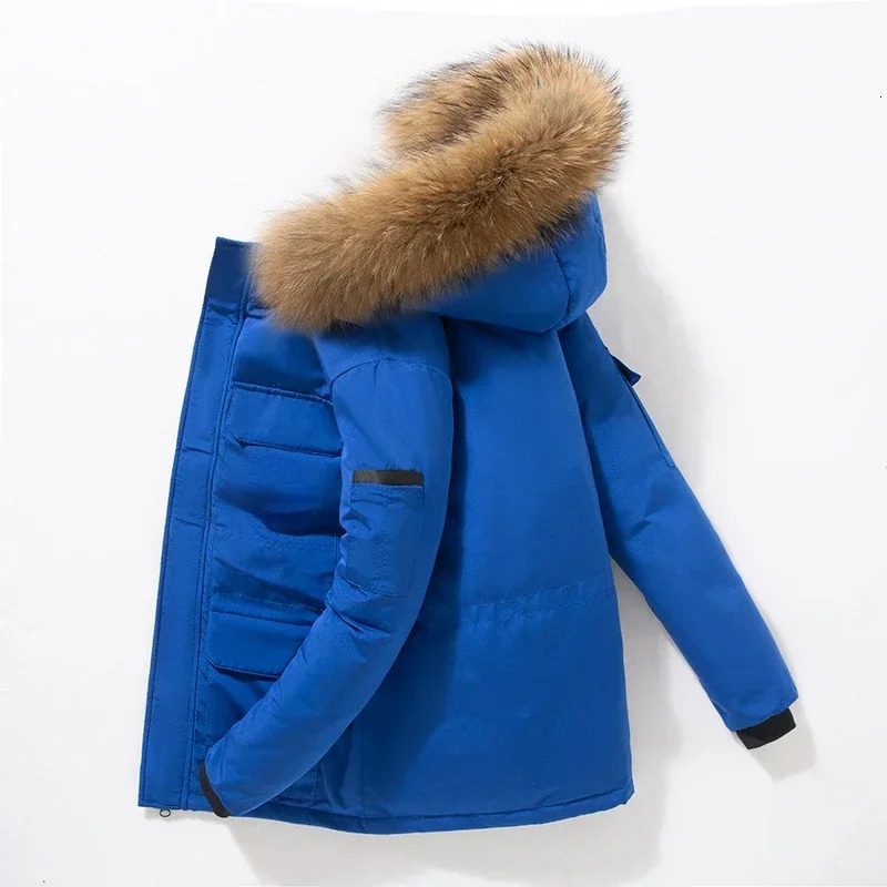 Mens Winter Down Jacket Fashionable Detachable Large Fur Collar Hooded White Duck Down Coat Womens Ski Multi Pocket Lightweight Park 241018