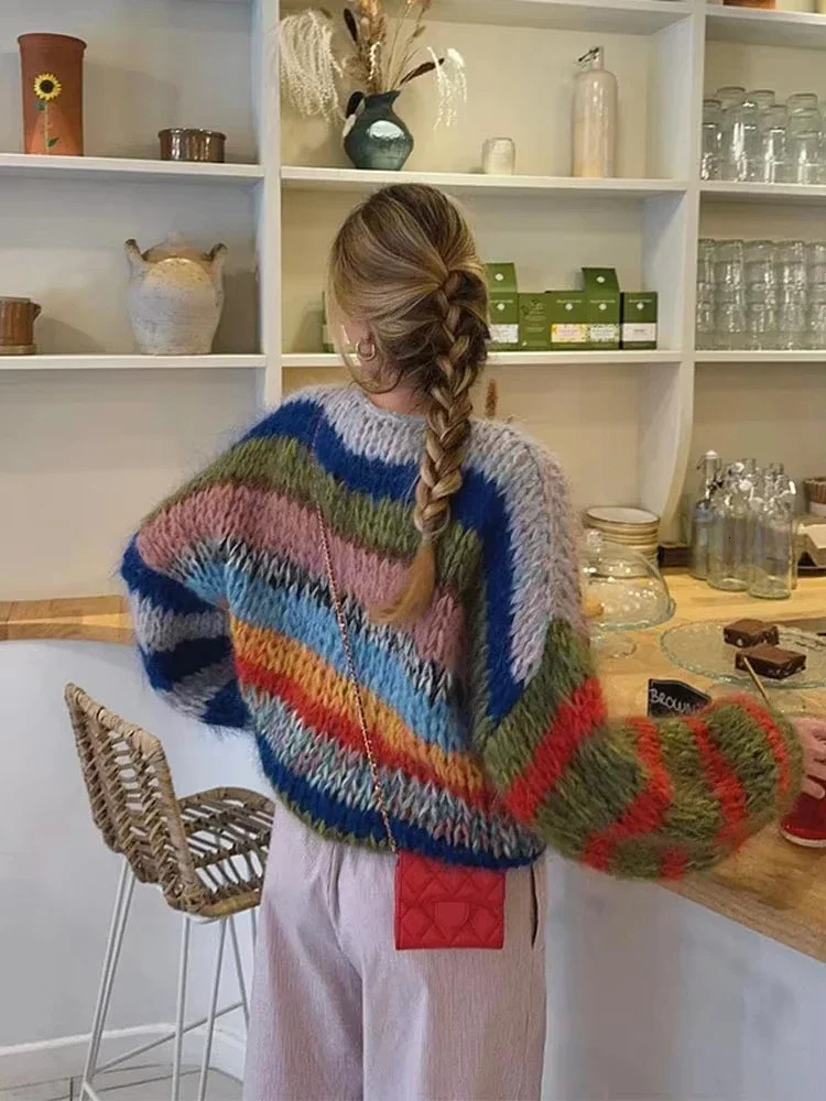 HOUZHOU Colorful Striped Oversized Sweater Women Elegant Mohair Jumpers O-neck Long Puff Sleeves Knitted Pullover Streetwear 241009