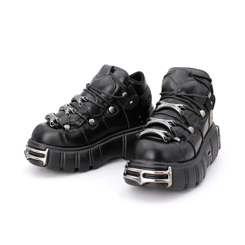 NEW Punk Style Mens Shoes Women Lace-Up Heel Height 6Cm Platform Shoes Gothic Ankle Rock Boots Metal Decor Woman Sneakers