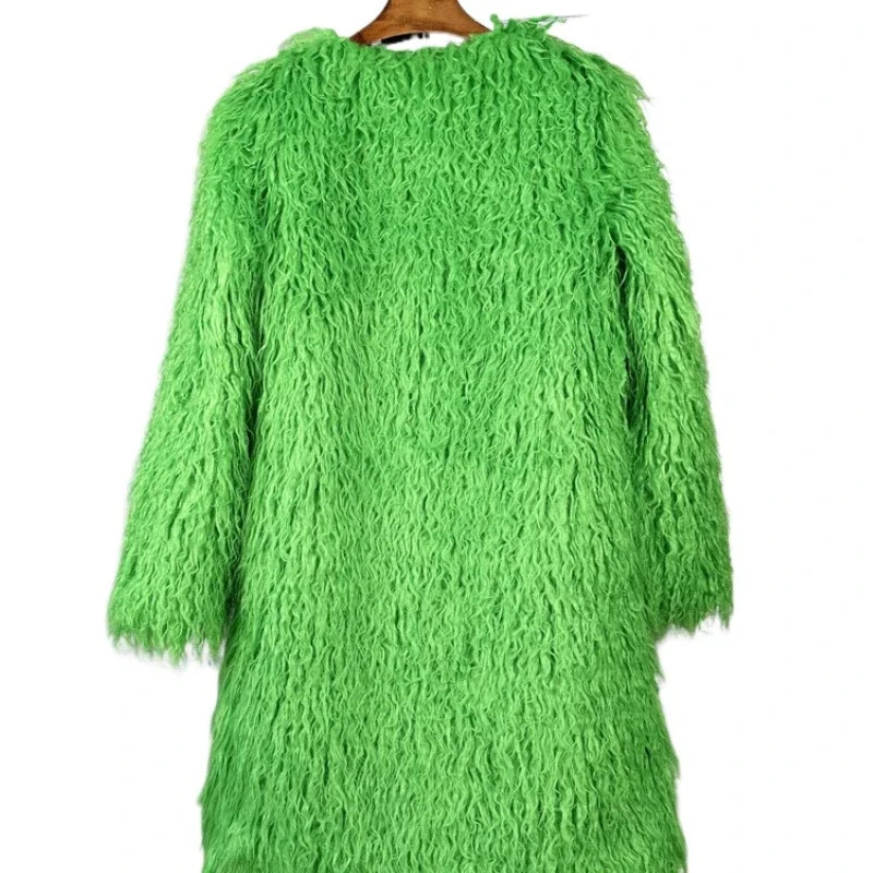 Winter Womens Fur Coat O-neck Long Coat Mongolian Woolen Leather Green Artificial Fur Fashion Winter Clothing Womens Unprinted Good Product 241018