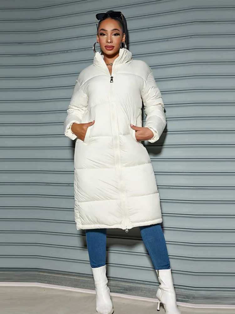 Medium Long Parka Cotton-padded Coat Women Casual Zipper Pockets Long Sleeve Female Down Jacket Winter Lady Warm Outerwears 2024X241019