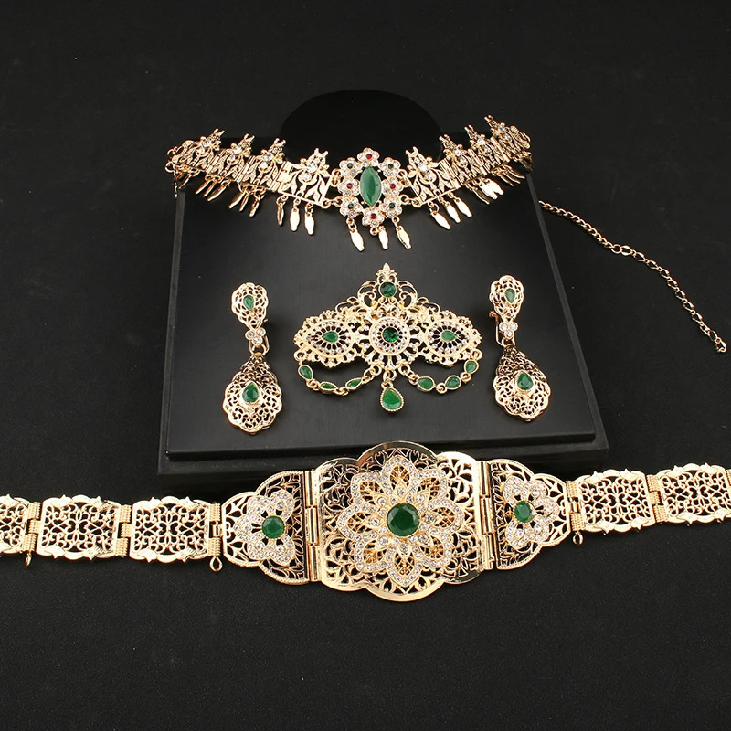 Moroccan women Kaftan gold red green stone ethnic wedding body jewelry metal chain robe with jewelry 241018