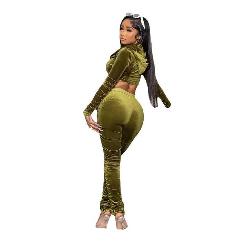 Women's Two Piece Pants Retro Velvet Womens Two Piece Sportswear Zipper Long Sleve Hoodie and Folding Pencil Pants Jogger Sportswear Y241019IZ1Y
