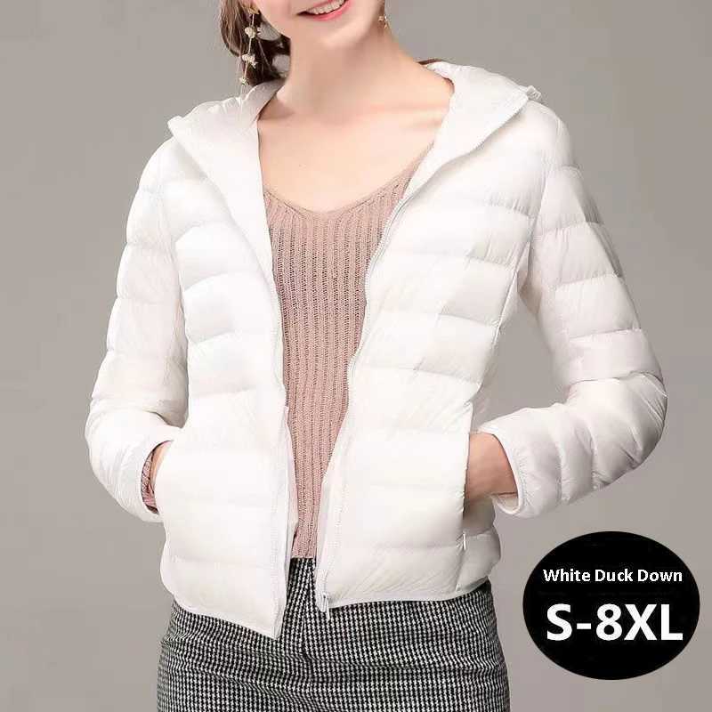 8XL Women White Duck Down Jackets 6XL 5XL Female Ultra Light Duck Down Coats Autumn Winter Warm Hooded Hiking Outwear PortableX241019