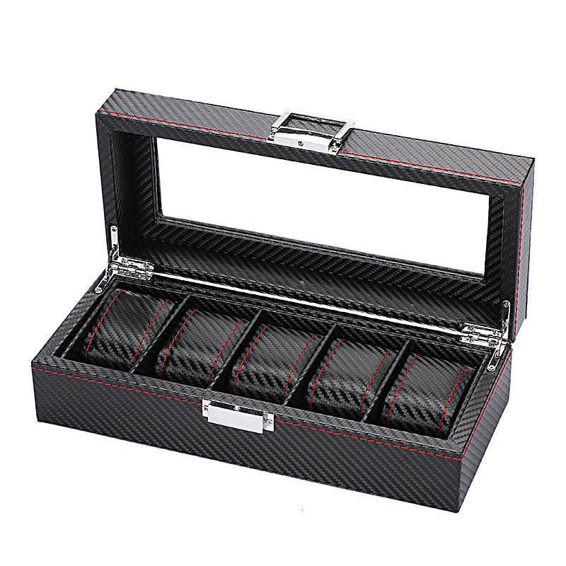 WellZone Fashion Style 5/6/10/12 Position Black Carbon Fiber Pattern Display Jewelry Storage Box Watch Storage Box 241018