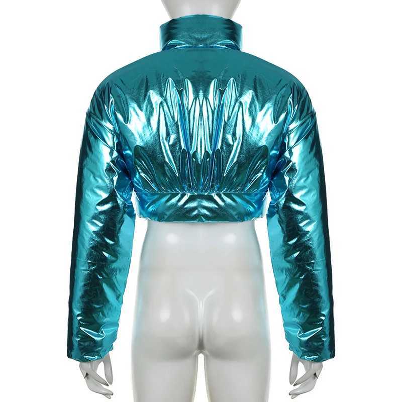 Women's Down Parkas Blue metal shiny bubble quilted coat womens 2024 winter warm park as a fashionable womens long Sleve crop inflatable jacket g