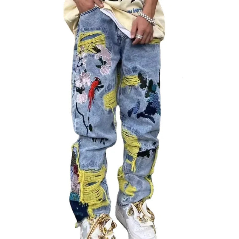 OIMG Y2K Street Clothing Bag Stacked Tear off Jeans Mens Clothing Graphic Embroidery Hip Hop Cowboy Trouser Pantalon 241019
