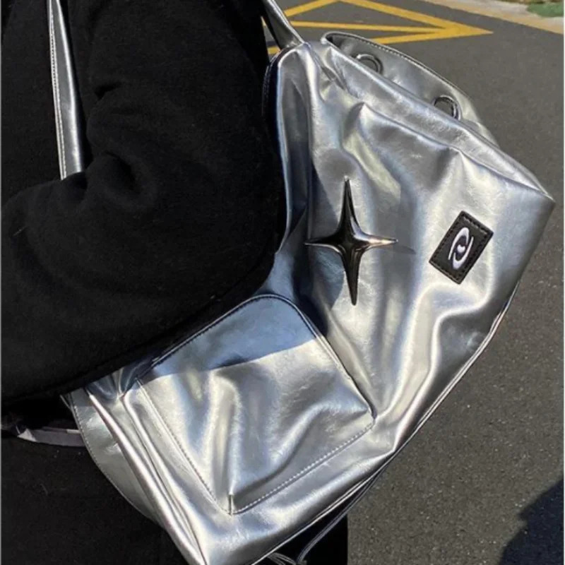 MBTI Silver Y2k Womens Handbag Fashion er Large Capacity Shoulder Bag Pu Leather Shopping Handbag 241018