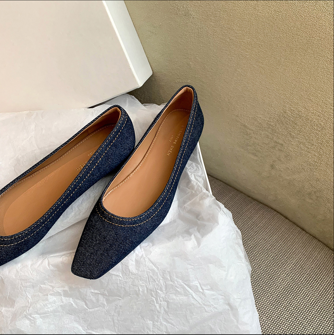 Sheii Su Yinyin Small Tune Tote Shallow Mouth Square Head Denim Inner Elevated Flat Sole Single Shoe Female Commuter Ddmywed ddmythur