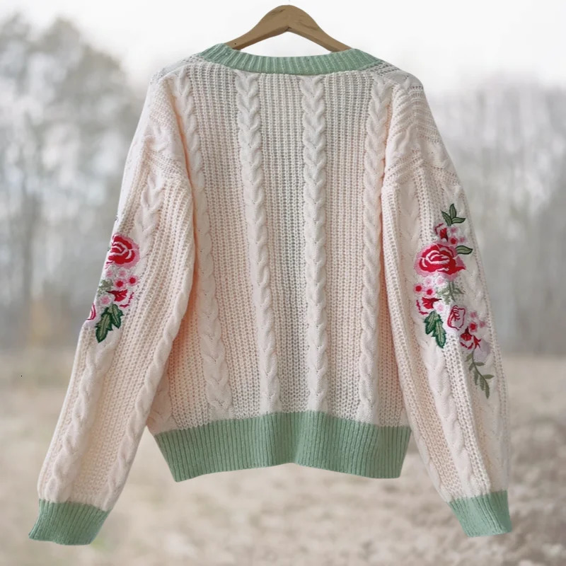 3XL Evermore cardigan wool womens vine embroidered sweater fashionable floral folk knitted cardigan wool sweater plus size letter patch sweater 241019