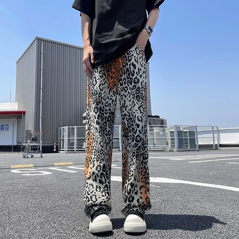OIMG Y2K Fashion Tie Dye Leopard Bag Jeans Mens Straight Gothic Pants Pantalones Hombre 241019