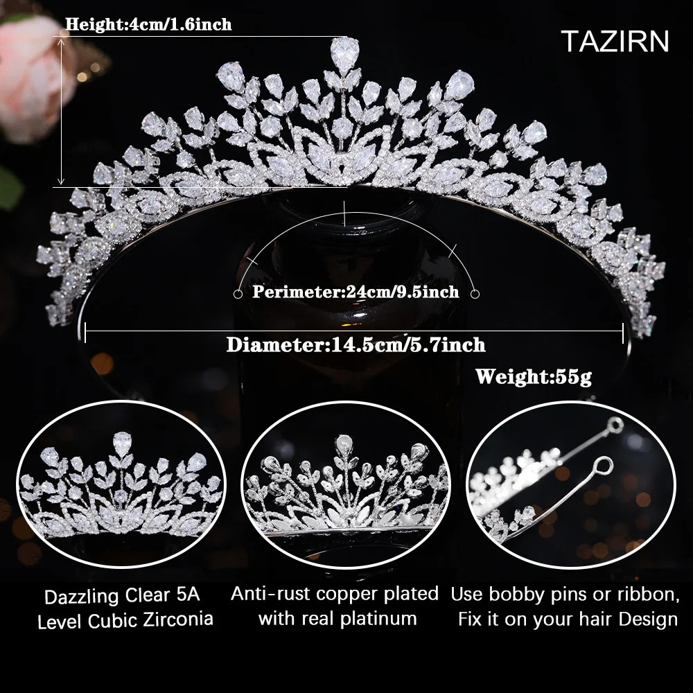 TAZIRN AAAAA cubic zirconia floral headpiece and crown womens wedding birthday party ball sparkling handmade CZ hair accessory 241018