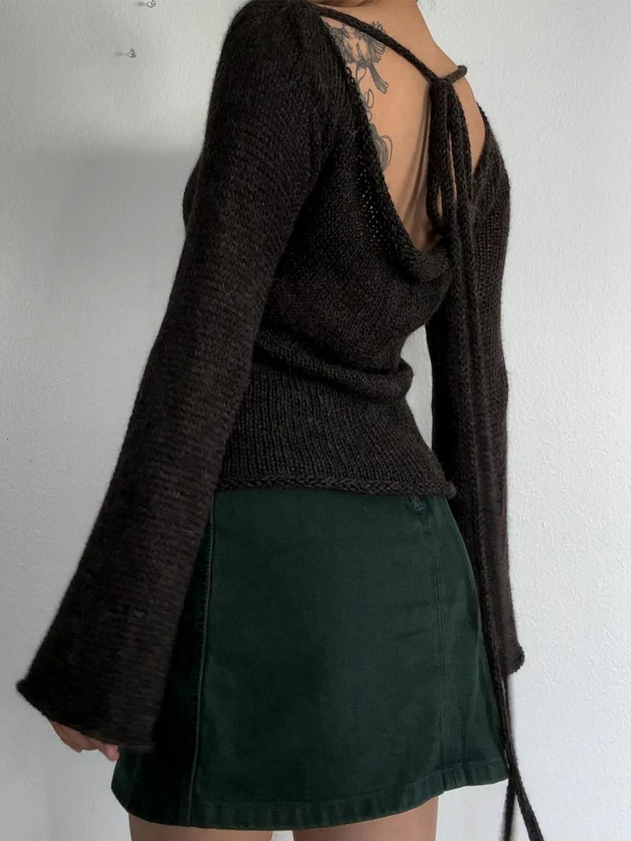 Y2K Tie Back Sweaters Women Long Sleeve Boat Neck Solid Color Knitted Pullover Casual Crochet Tops Fall 241010