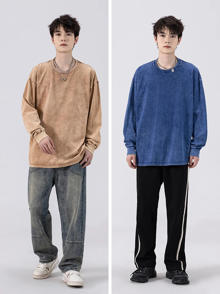 Mens washing T-shirt 260G thick cotton street retro oversized T-shirt Korean fashion loose Y2K top long sleeved T-shirt 241018