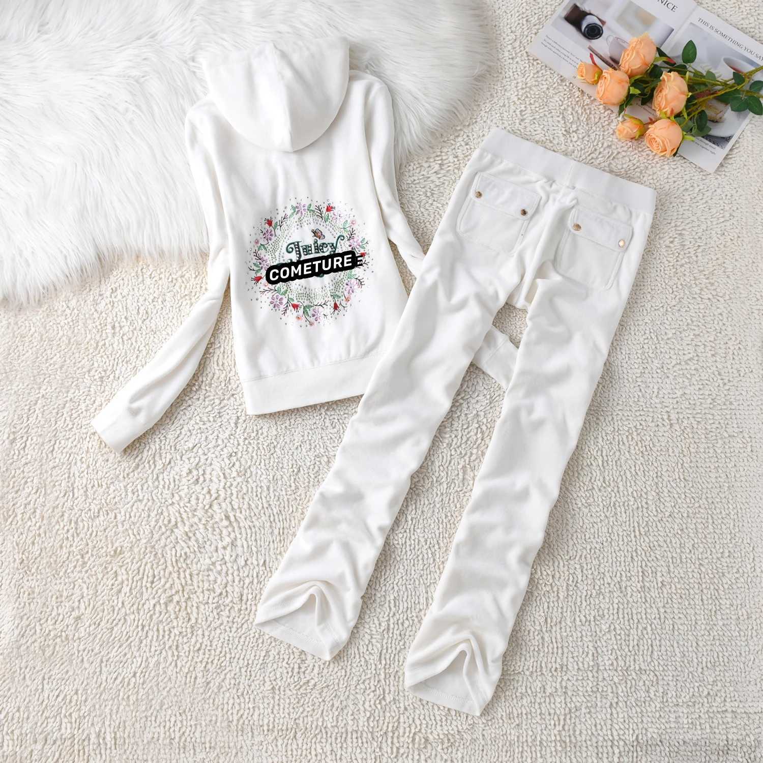 Women's Two Piece Pants 2025 New Juicy Cometure Velvet Tracksuit Embroidered Crystal Flower Pattern Hooded Sweatshirt Casual Sports Velvet Suit 2
